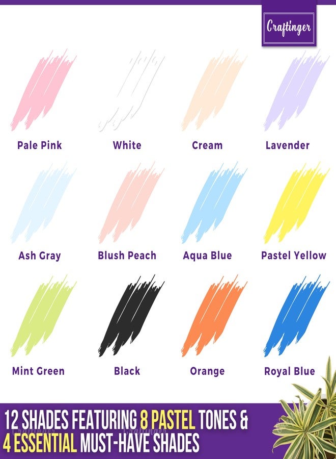 Craftinger 12-Sets Acrylic Colours with 30ml Varnish | Each 30ml Pastel & Essential Colors | Multi-Surface color for Canvas, Wood, Glass, Metal, Plastic & More | Set for Adults for Artists, students, Children & Hobbyists - Image 2